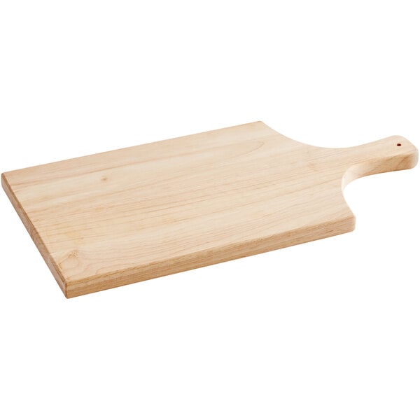 A rectangular wooden cutting board with a handle and a small hole near the end of the handle.
