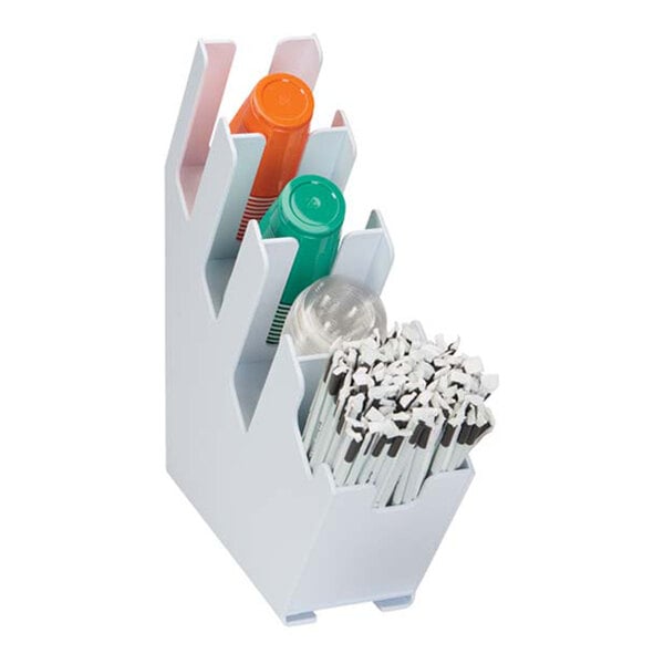 Dispense-Rite White Polystyrene 4-Section Countertop Cup, Lid, and Straw Organizer LID-4WT-WS