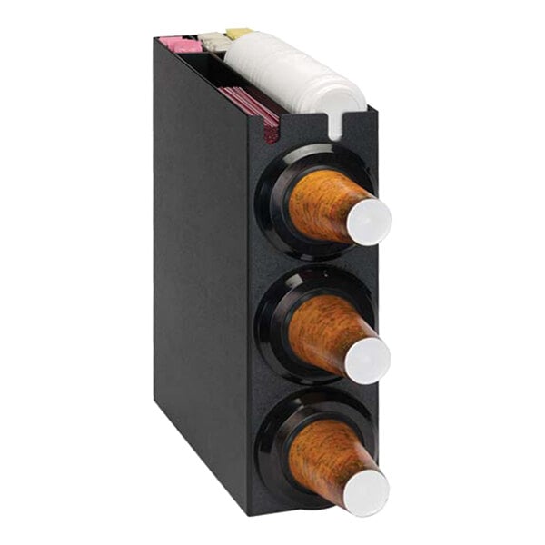 Dispense-Rite Black Polystyrene 3-Compartment Countertop Cup Dispensing Cabinet with Lid, Straw, and Condiment Organizer SLR-SL1-3BT