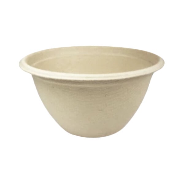 A plain, beige, round bowl with a slightly flared rim, made of a fiber-like material.