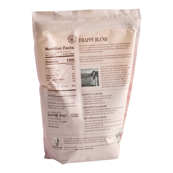The image shows the back of a resealable bag with nutrition facts, preparation instructions, and product information for a frappe blend.