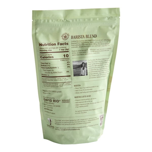 A light green resealable bag labeled 'Barista Blend' with nutrition facts, product information, preparation instructions, and a small photo of a person on the back.