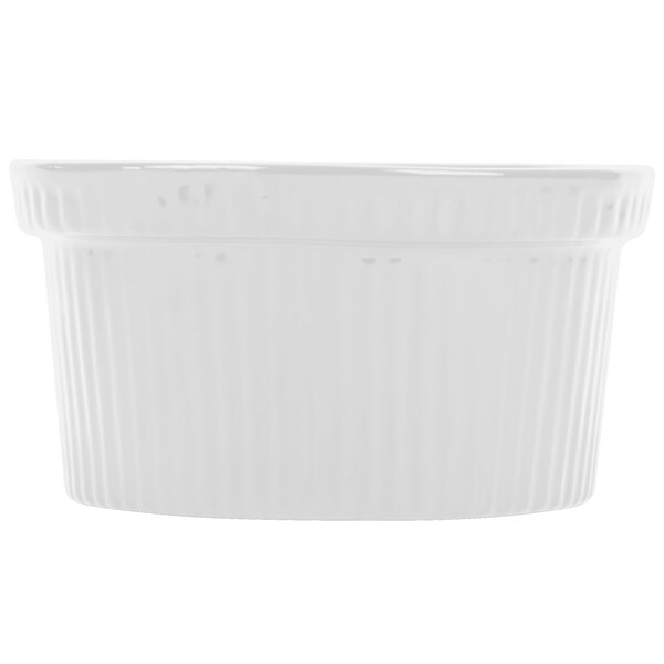 A Tablecraft white cast aluminum souffle bowl.