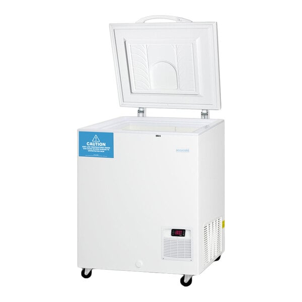 A white chest freezer with an open lid, digital temperature display, ventilation panel, and caution label on the front.
