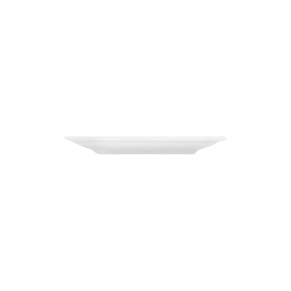 A side view of a plain, white, round plate with a slightly raised rim.