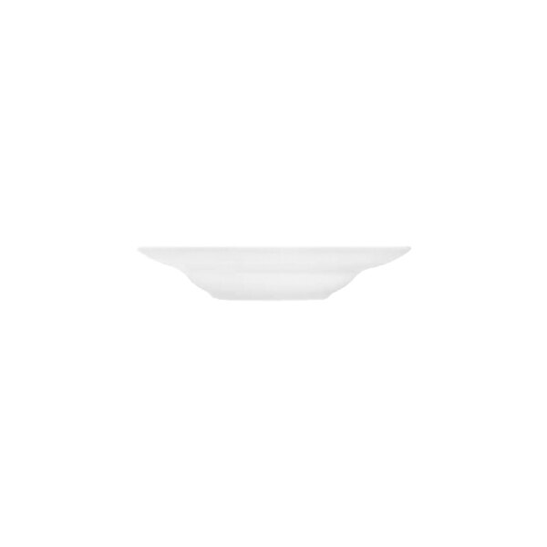 A white, round, shallow plate viewed from the side against a plain background.