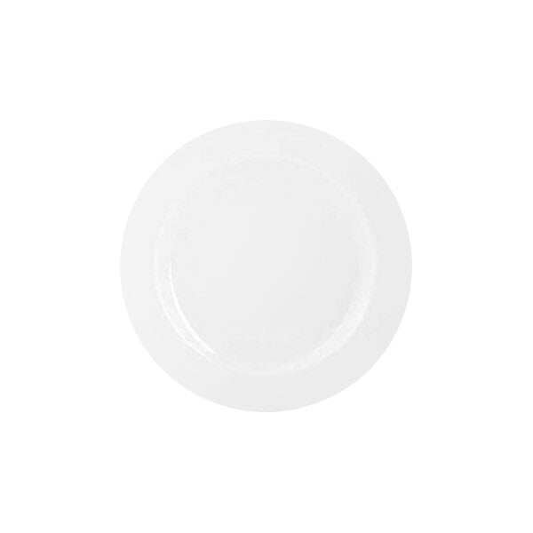 A plain white round plate with a slightly raised rim, viewed from above.