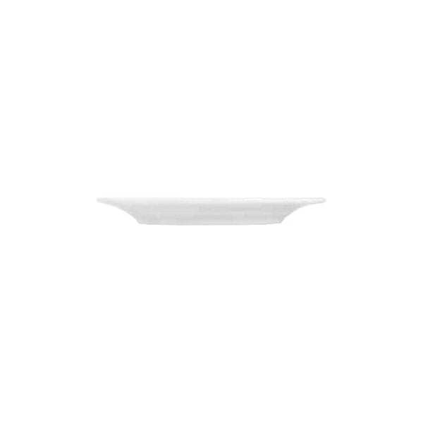 A side view of a plain white round plate with a slightly raised rim.