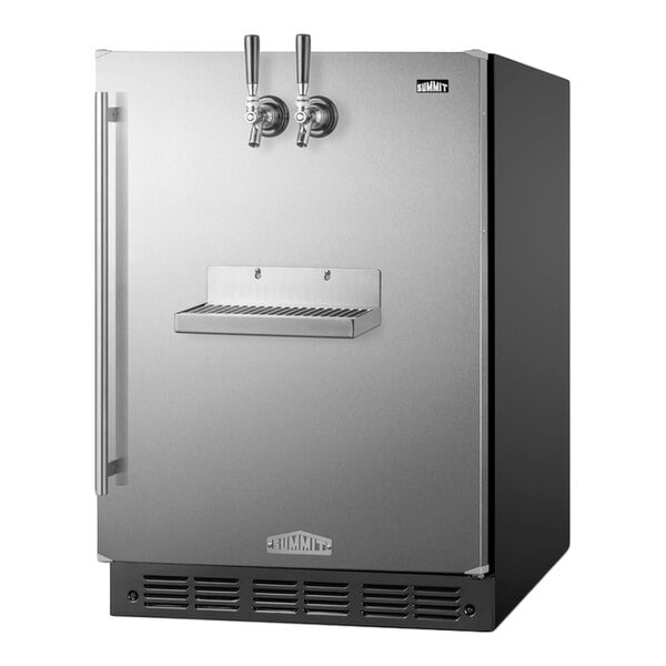 A stainless steel and black appliance with two beverage taps and a drip tray on the front.