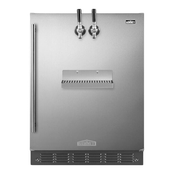 A stainless steel appliance with two beverage taps, a drip tray, and a vertical handle on the left side.