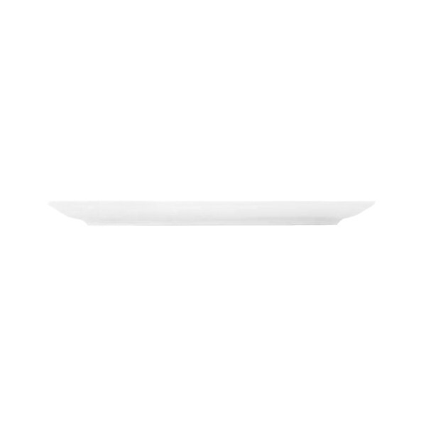 A white, oval-shaped plate shown from a side view against a plain background.