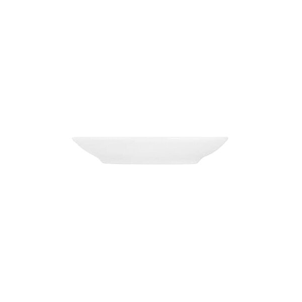 A white, round, shallow saucer viewed from the side against a plain background.