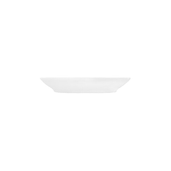 A white, round, shallow saucer is shown from a side view against a plain background.