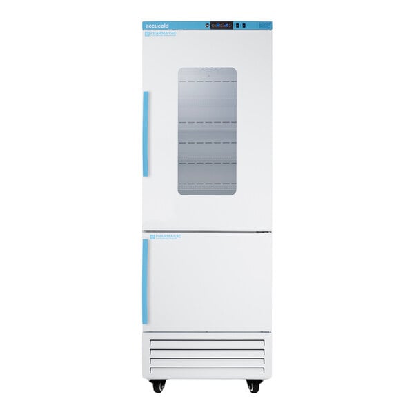 A tall, white and blue medical refrigerator and freezer unit with two doors, the upper door featuring a window and shelving visible inside.