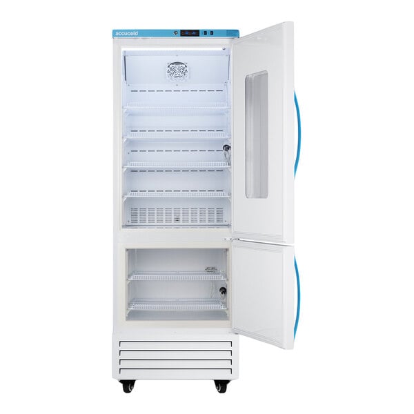 A tall, white refrigerator and freezer unit with two open doors, multiple wire shelves, and a digital control panel at the top.