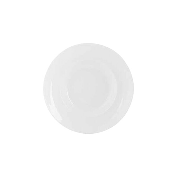 A plain white round plate with a slightly raised rim, viewed from above.