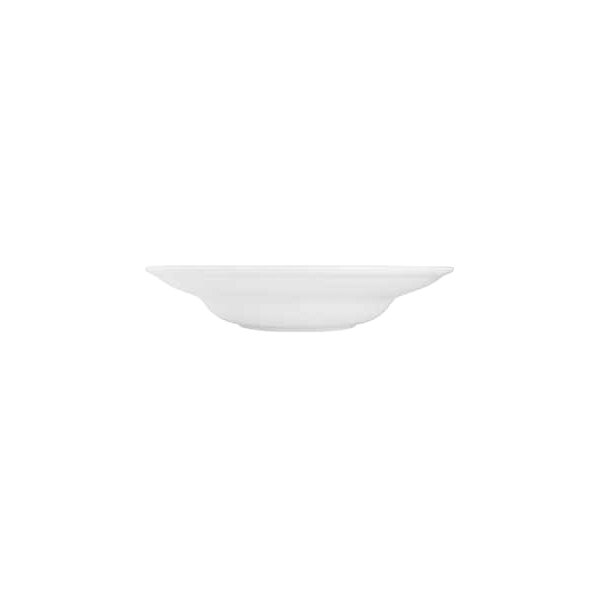 A white, round, shallow porcelain plate viewed from the side against a plain background.