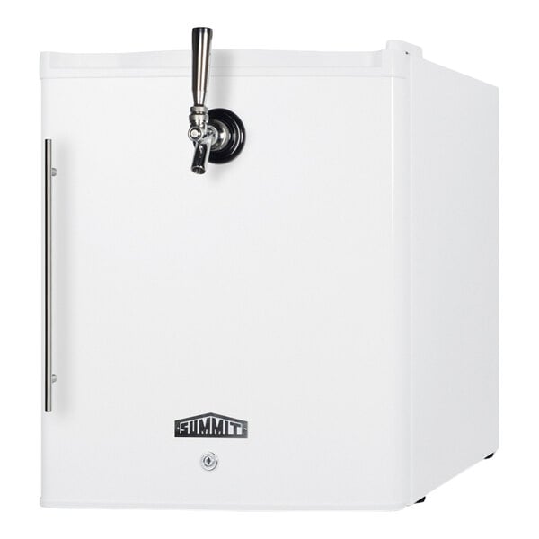A white countertop appliance with a front-mounted tap handle and a vertical door handle, designed for dispensing beverages.
