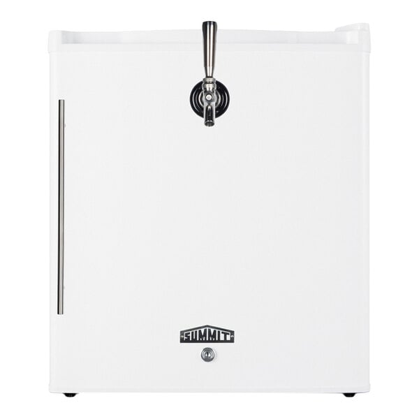 A white countertop beverage dispenser with a single tap and a Summit logo on the front.
