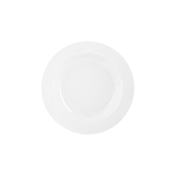 A white, round plate with a slightly raised rim, viewed from above against a plain background.
