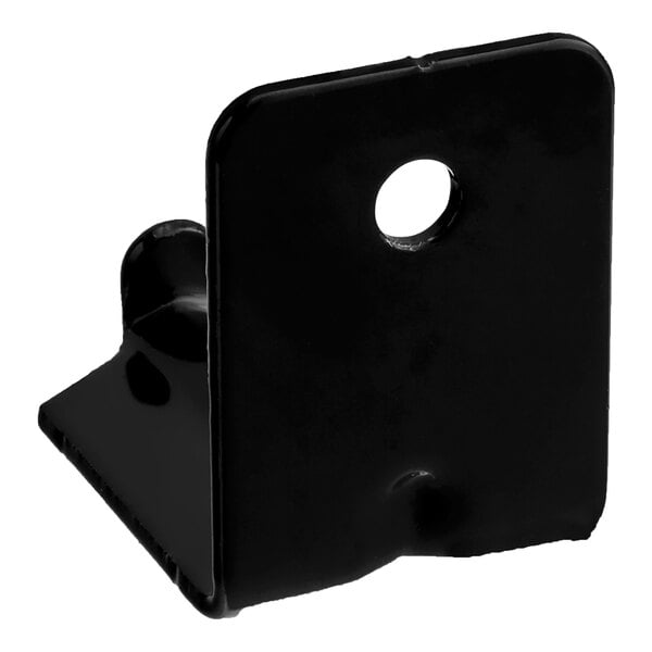 A black metal Buckeye wall bracket with a hole in it.