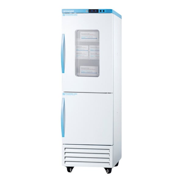 A tall, white and blue medical refrigerator/freezer with two doors, a small window on the upper door, and wheels at the base.
