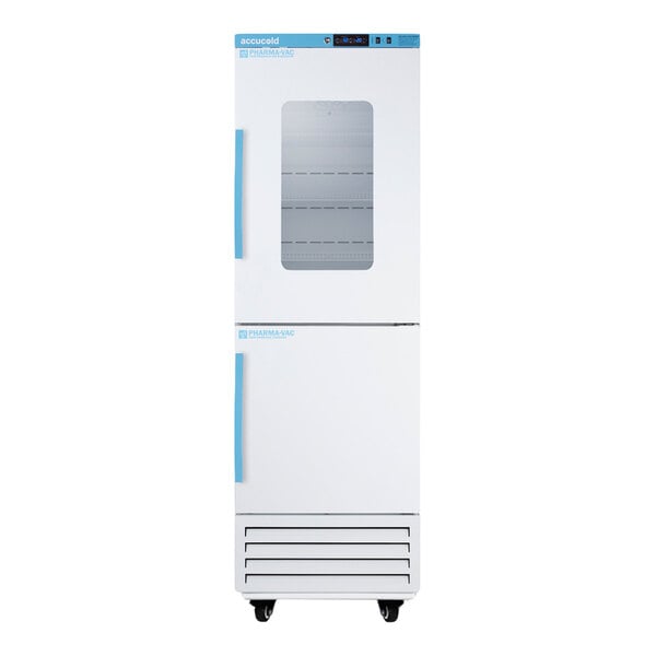 A tall, white and blue appliance with two doors, the upper door featuring a window revealing shelves inside, and the lower door being solid, both with vertical handles and ventilation grilles at the bottom.