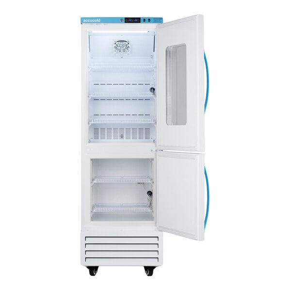 A tall, white refrigerator and freezer unit with two open doors, multiple wire shelves, and blue handles.
