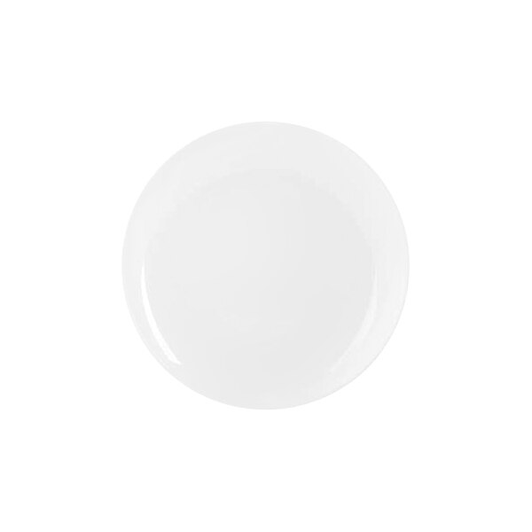 A plain, round, white plate is shown against a white background.