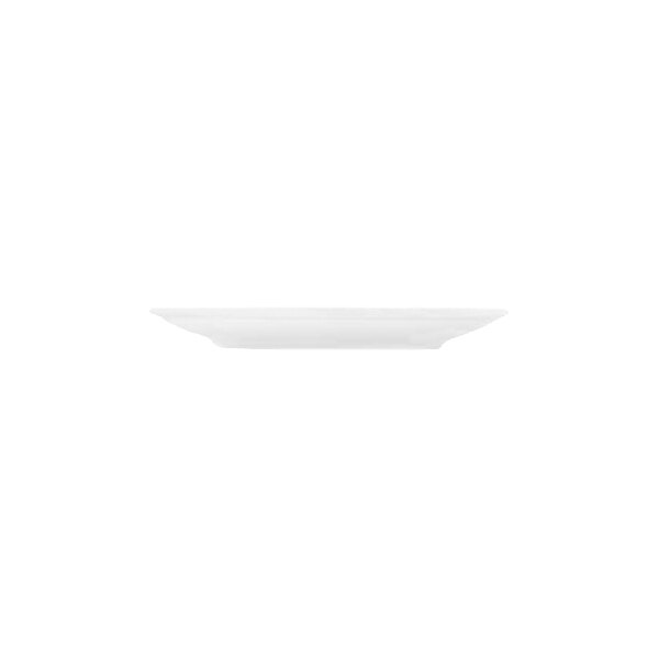 A side view of a plain white round plate with a slightly raised rim, set against a white background.