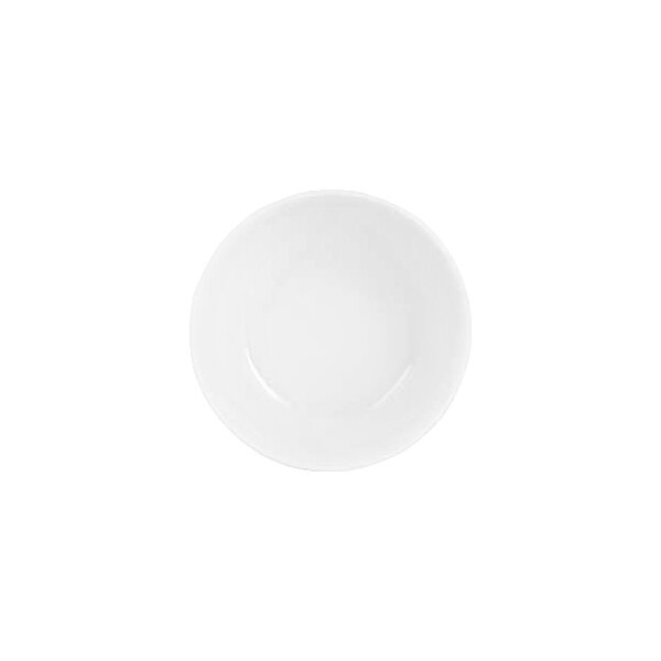 A plain white round bowl with smooth edges, viewed from above.