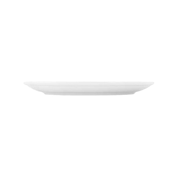 A side view of a plain white, round porcelain platter against a white background.