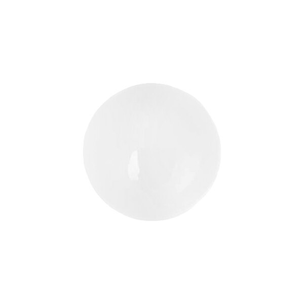 A white, round, shallow bowl or soup plate with a smooth, glossy finish, viewed from above.