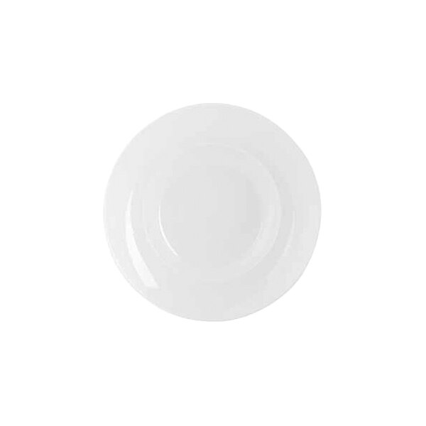 A plain white round plate with a slightly raised rim, viewed from above.