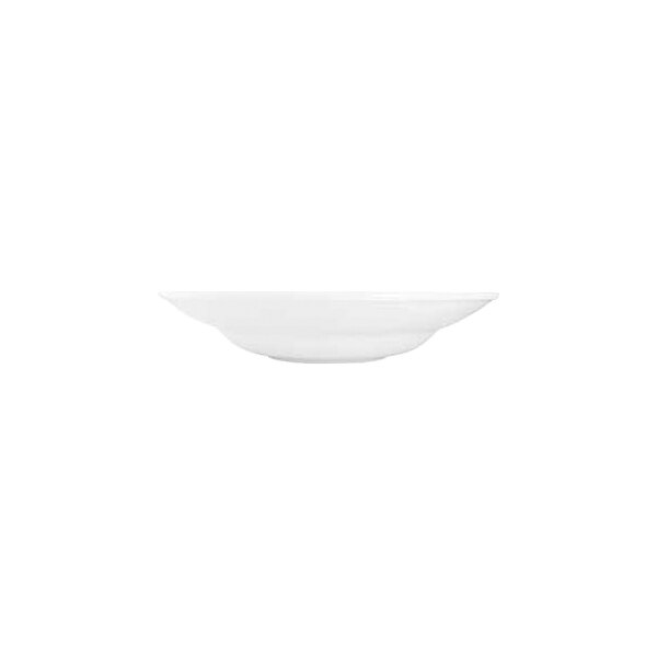 A white, round, shallow plate with a wide rim, viewed from the side against a plain background.