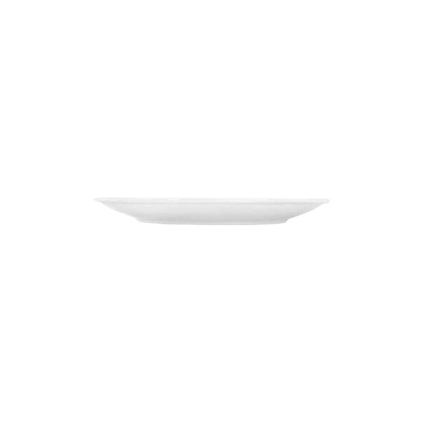 A side view of a plain white round plate with a slightly raised rim, set against a white background.