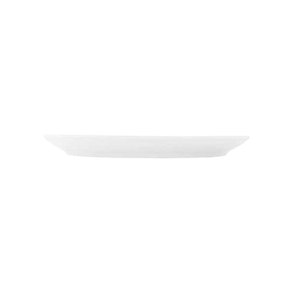 A white, round porcelain platter shown from a side view against a plain background.