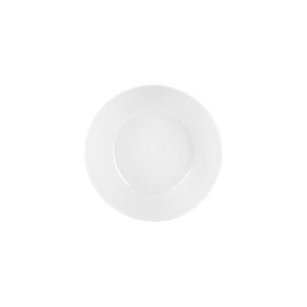 A plain white round bowl with a wide rim, viewed from above against a white background.