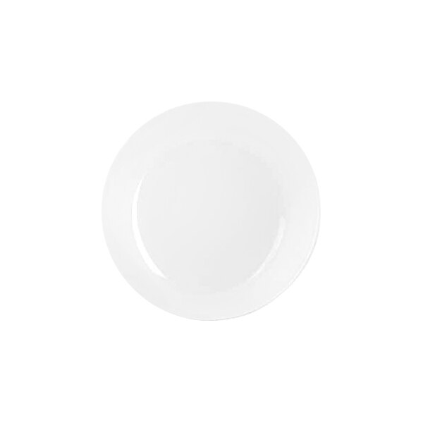 A plain white round plate with a wide rim, viewed from above against a white background.