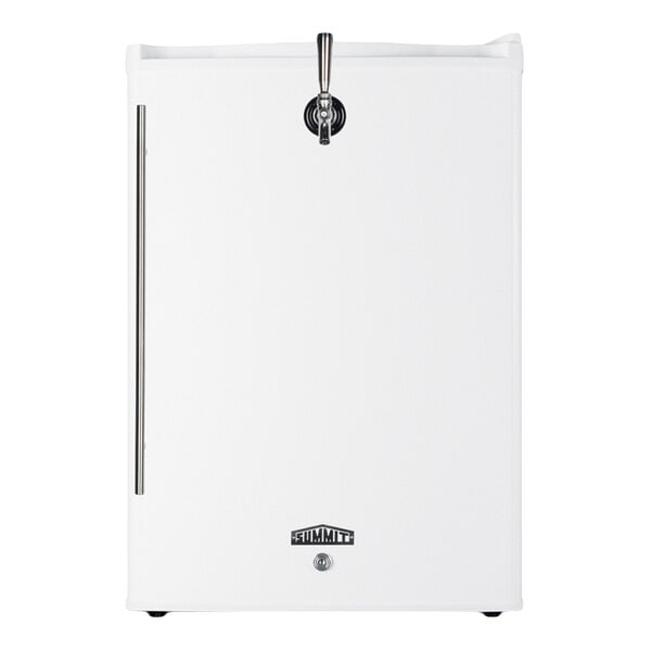 A white appliance with a single tap on top, a vertical handle on the left, and a small logo near the bottom center.