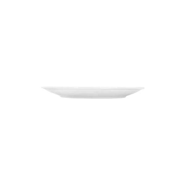 A side view of a plain white round plate with a slightly raised rim, set against a white background.