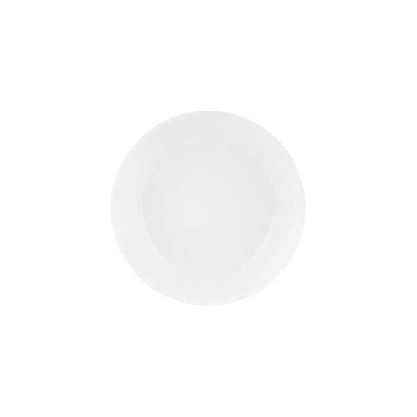 A plain white, round dish with smooth edges, viewed from above against a white background.