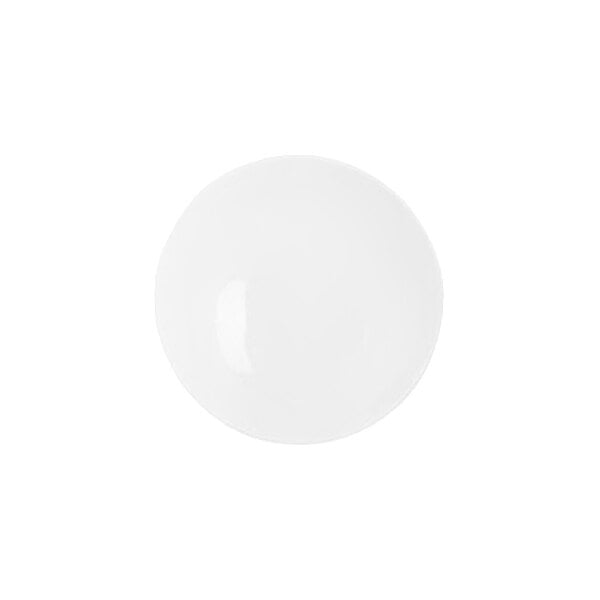 A plain white round plate with a smooth, glossy finish, viewed from above.