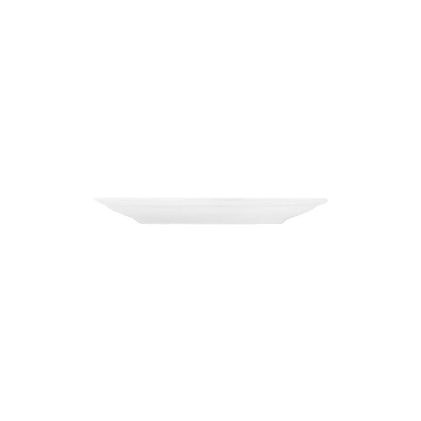 A white, round porcelain saucer viewed from the side against a plain background.