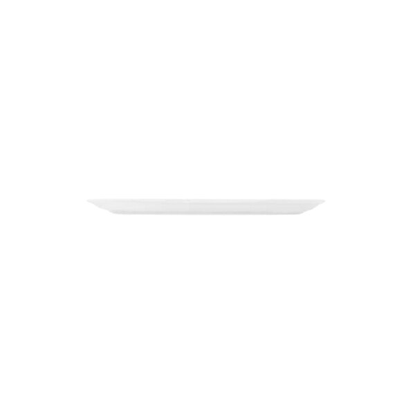 A white, round, flat plate viewed from the side against a plain background.