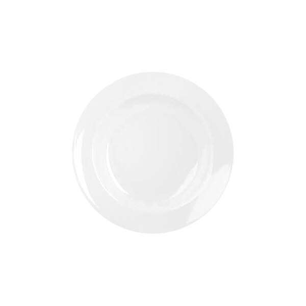 A plain white round plate with a wide rim, viewed from above.