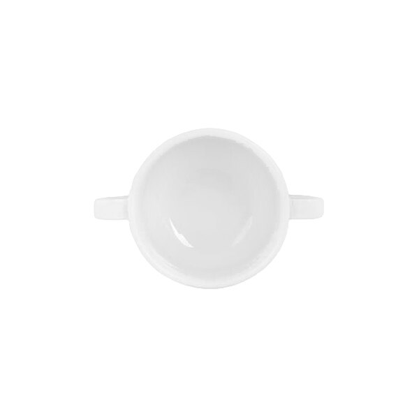 A white round bowl with two side handles, viewed from above.