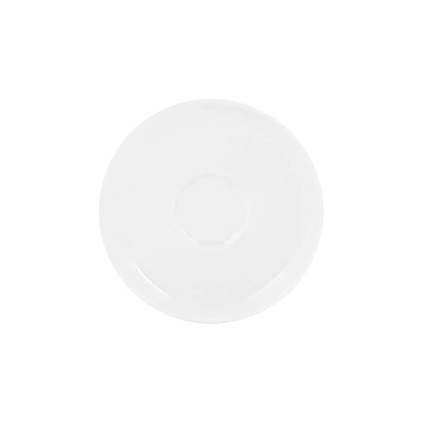 A plain white round saucer with a slightly raised center ring, viewed from above.