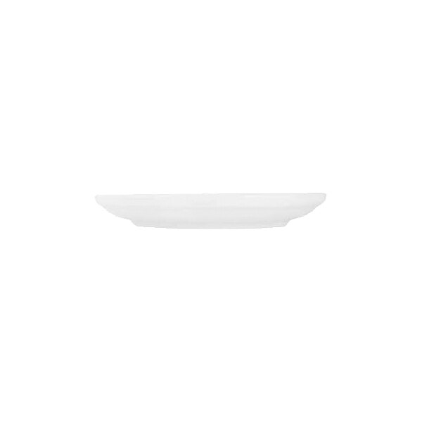 A white, round porcelain saucer viewed from the side against a plain background.