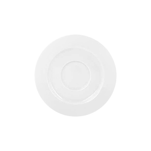 A plain white round saucer with a slightly raised center area.